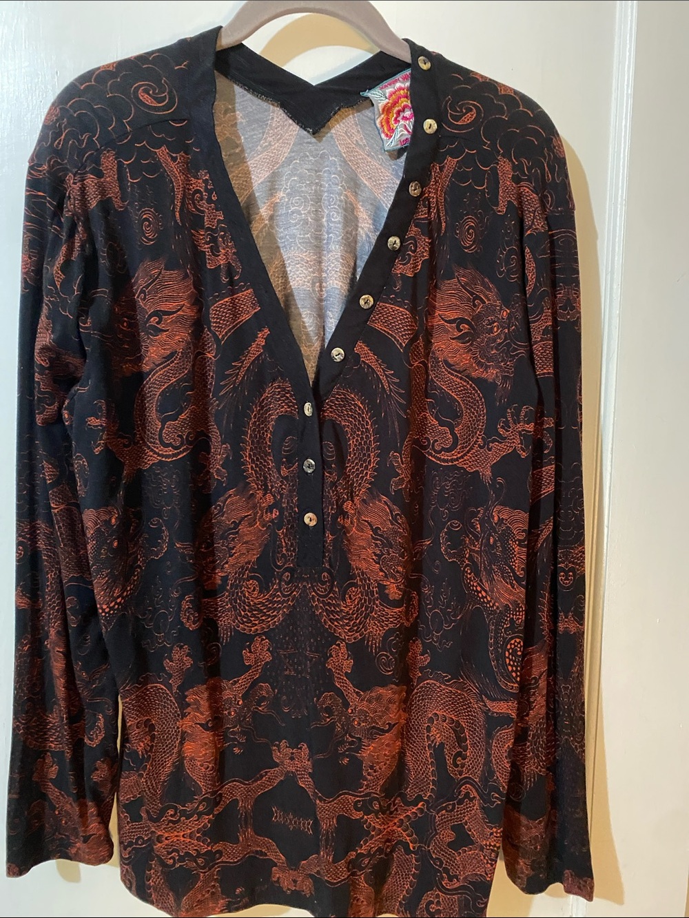 Johnny Was Black with Rust Dragon Print V-Neck Button Long Sleeve Top